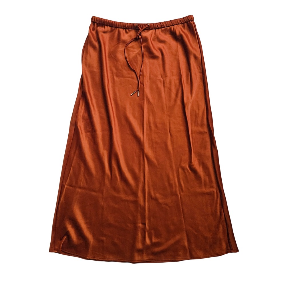 Satin Midi Skirt Drawstring Elastic Waist Classic Minimalist Pop of Color